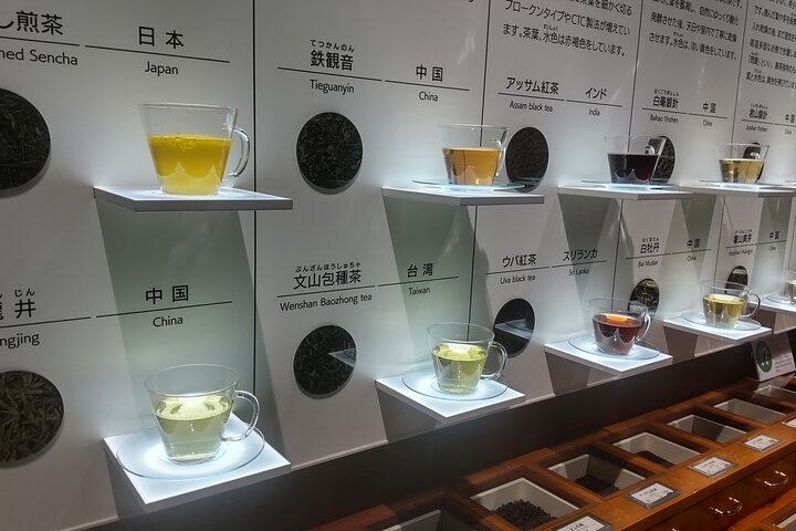 Wall lined with tea samples from various countries, showcasing global tea culture in Shimada’s tea museum.

