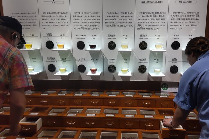 Visitors enjoying the aroma and texture of international tea samples during an interactive exhibit in Shimada.